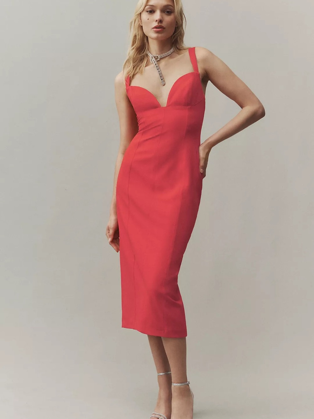 BHLDN Red Sweetheart Midi Dress with Slim Straps